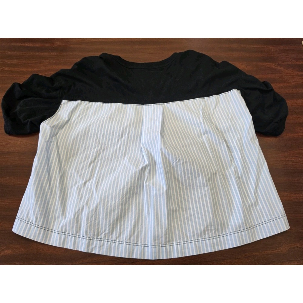Anthropologie Maeve Mixed Media Top XS Black Knit Stripe Poplin Back Puff Sleeve - Picture 2 of 6